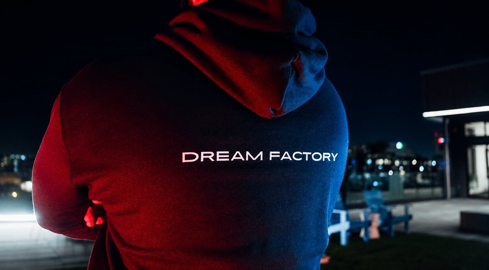 Dream Factory hoodie detail with red and blue production light