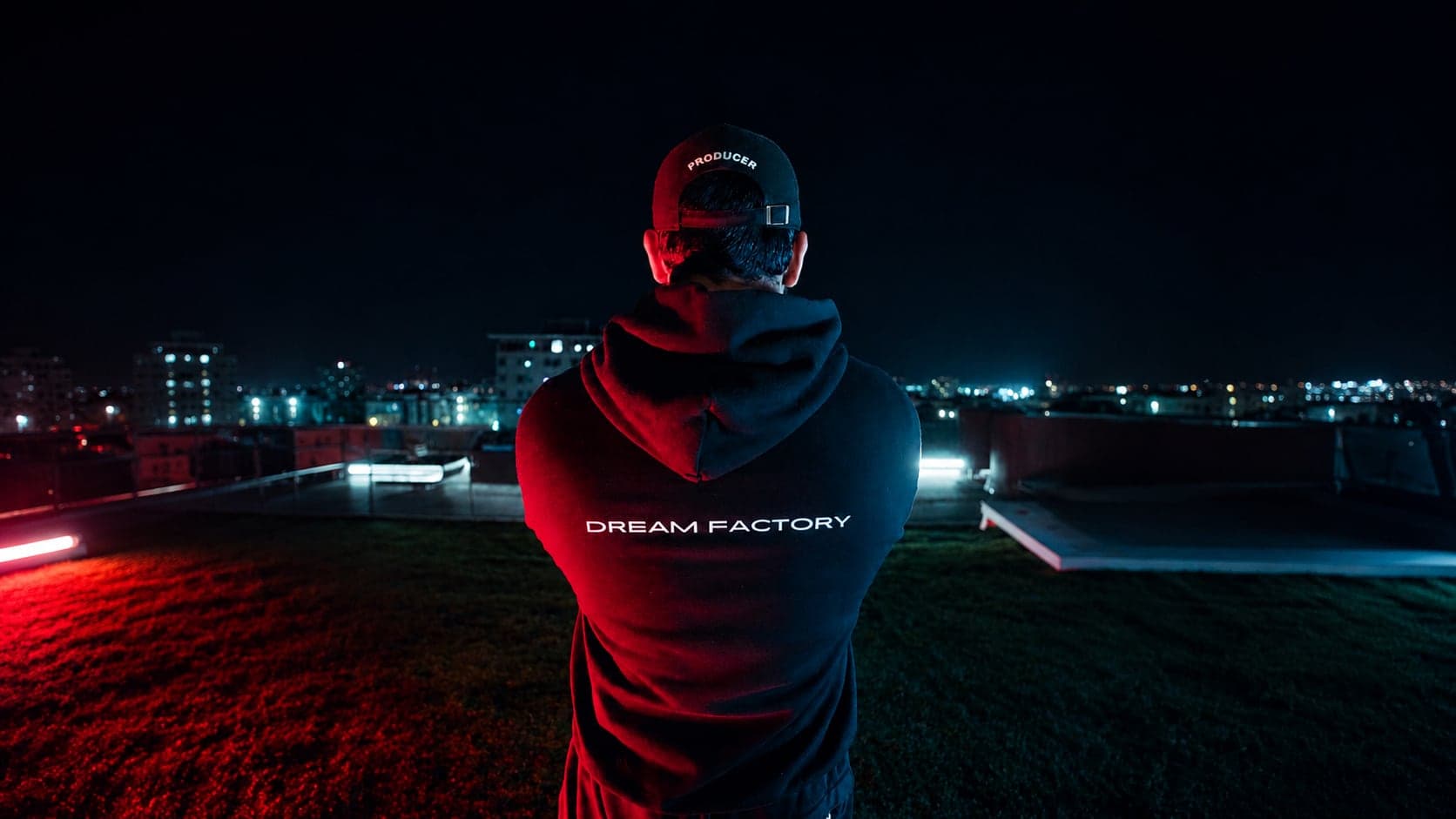 VibeShack Dream Factory hoodie on a San Francisco rooftop