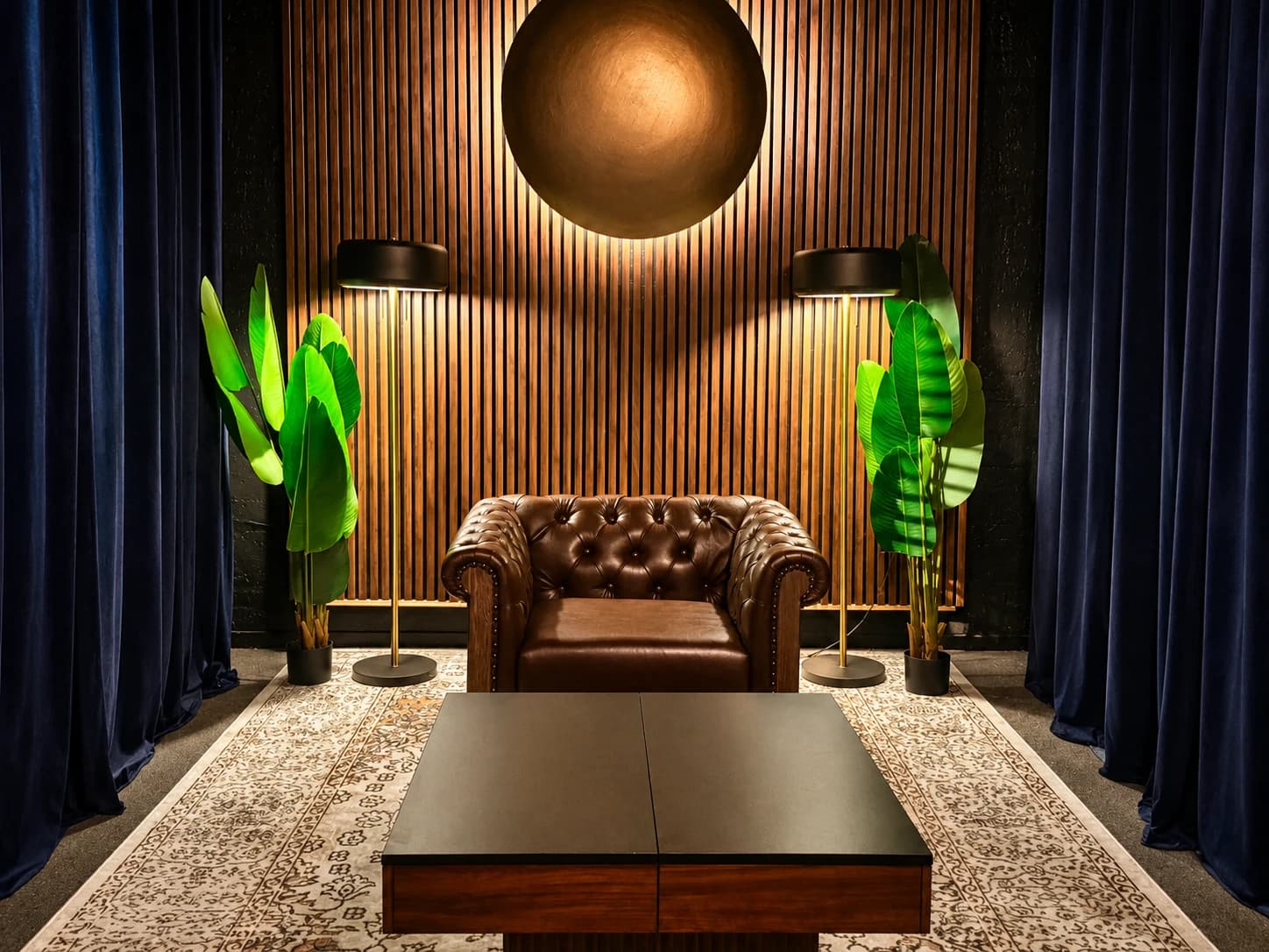 One brown leather chair centered beneath The Wing’s round wall light, with a low table in front.