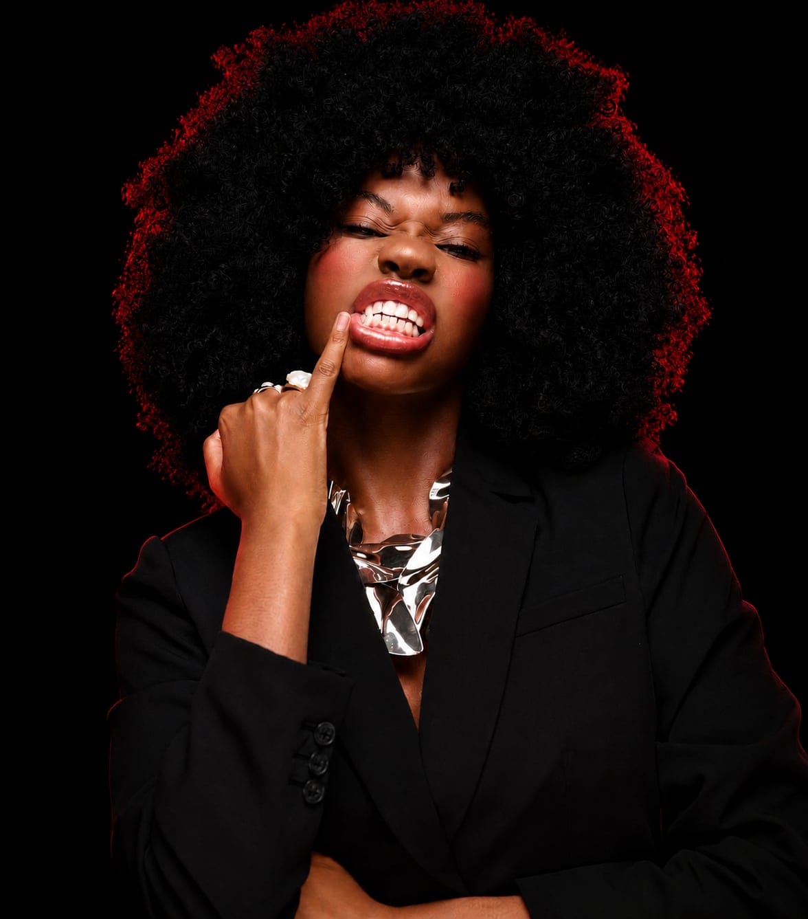 Black and red studio portrait photographed at VibeShack Studios San Francisco