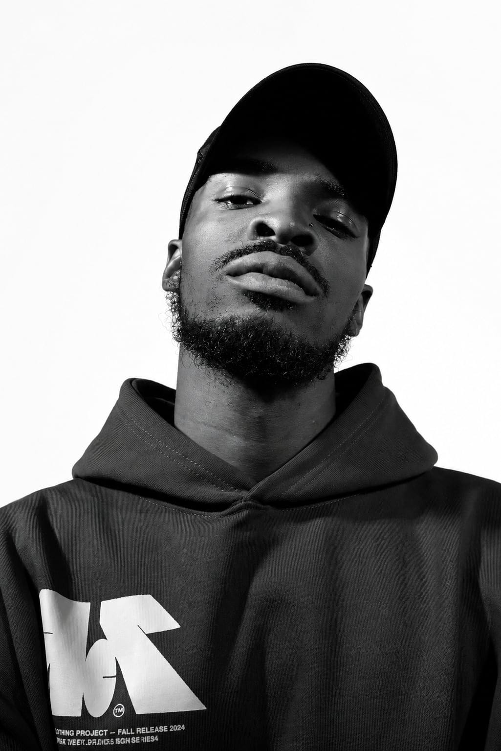 Black and white editorial portrait photographed at VibeShack Studios San Francisco