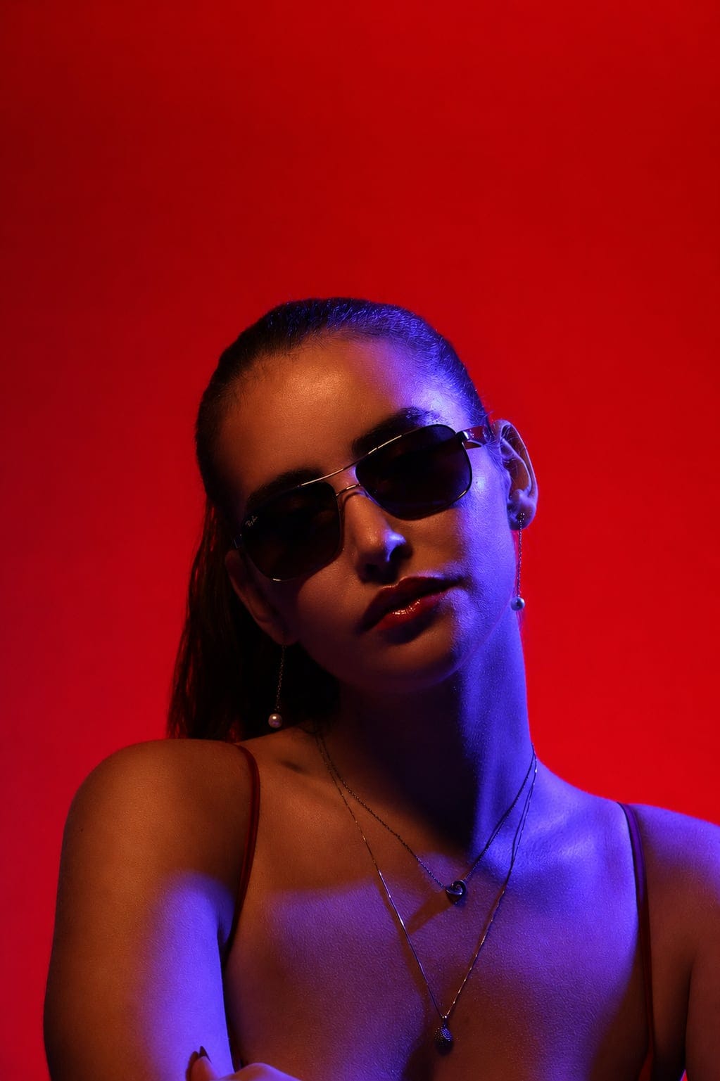Red and blue gel portrait photographed at VibeShack Studios San Francisco